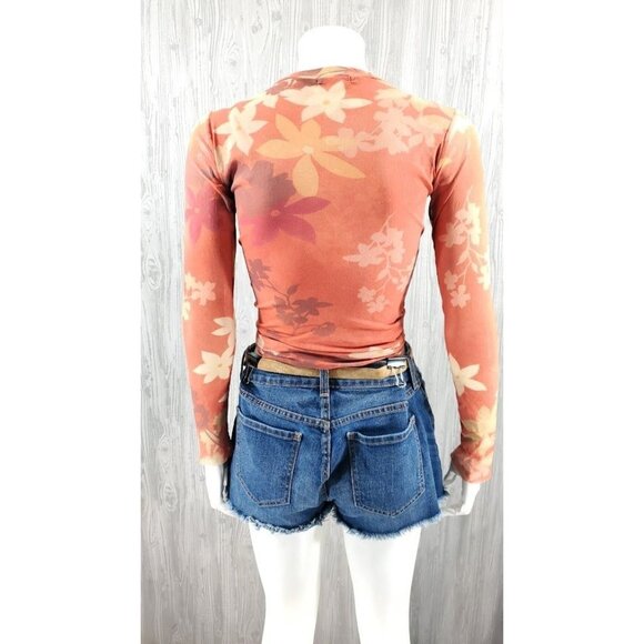 Vintage 90s Y2K Second Skin Printed Top Boho Hippie Floral Mesh - Picture 5 of 6